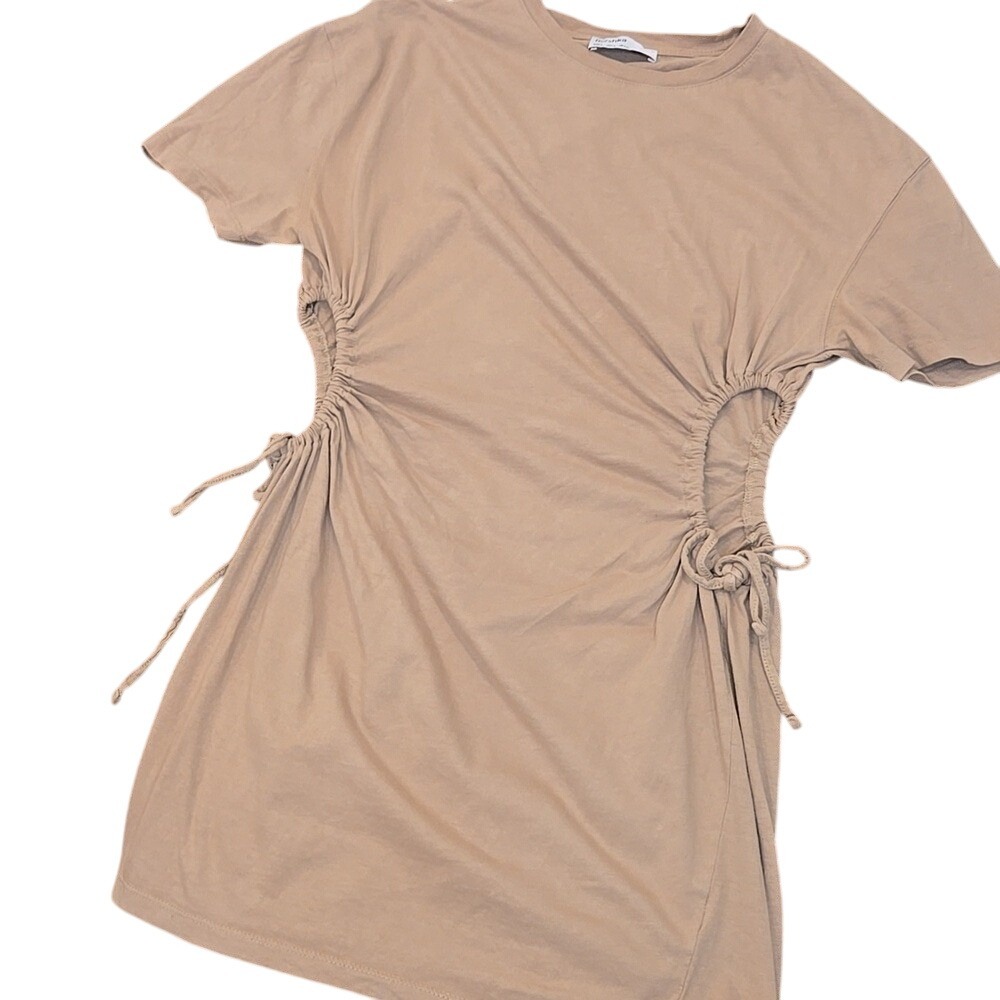 Bershka Mini Dress Short Sleeve Nude w Cutouts - 100% Jersey Cotton‎ Size Small
